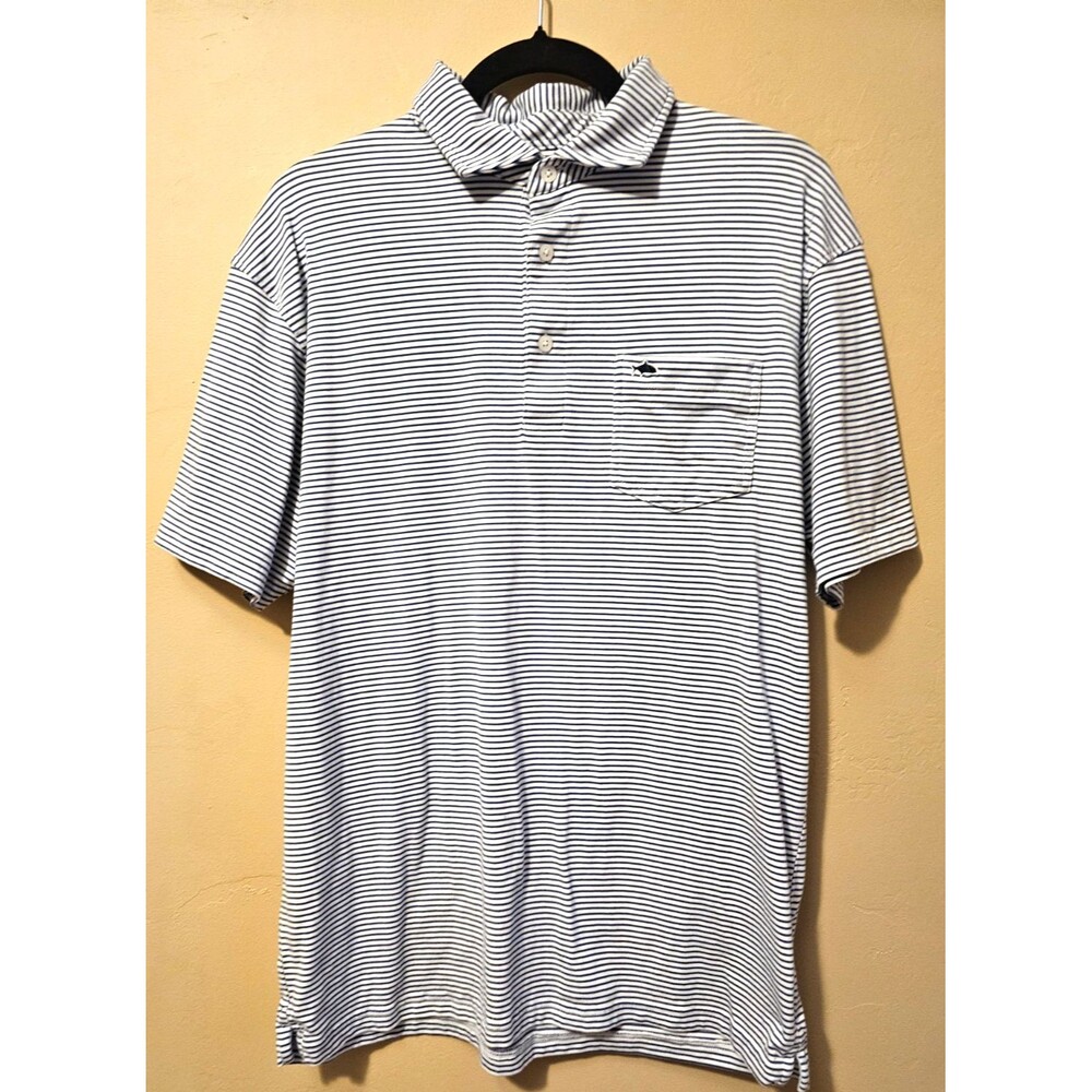 Fish Hippie Polo Shirt Blue Striped Casual Outdoor Golf Fish Sz L Pima/spandex